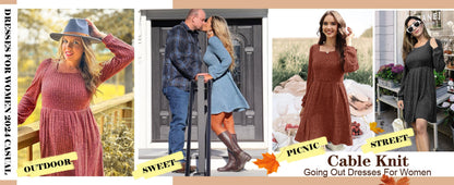 Dresses for Women Fall Square Neck Long Sleeve Knee Length Dress with Pockets