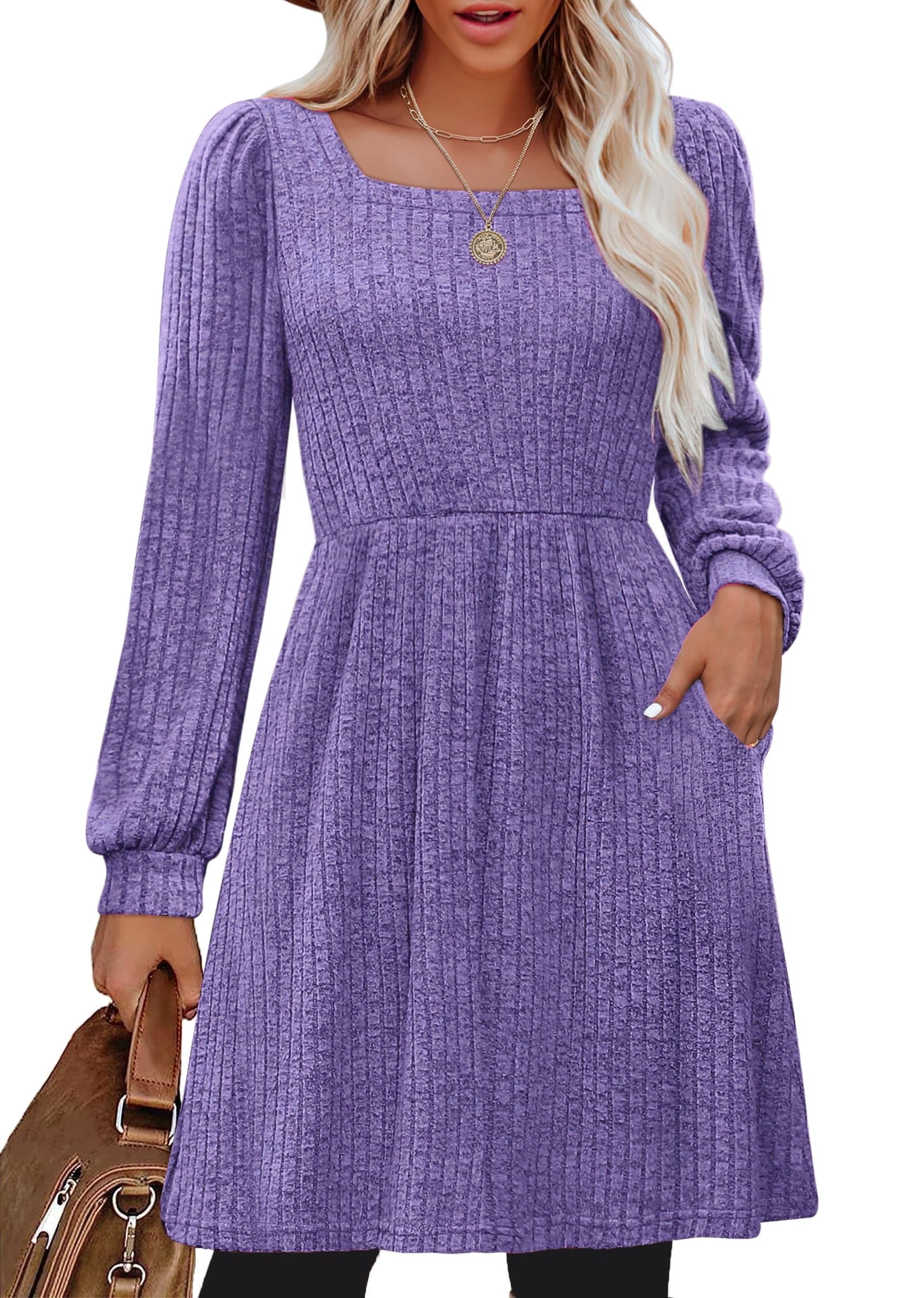 Dresses for Women Fall Square Neck Long Sleeve Knee Length Dress with Pockets