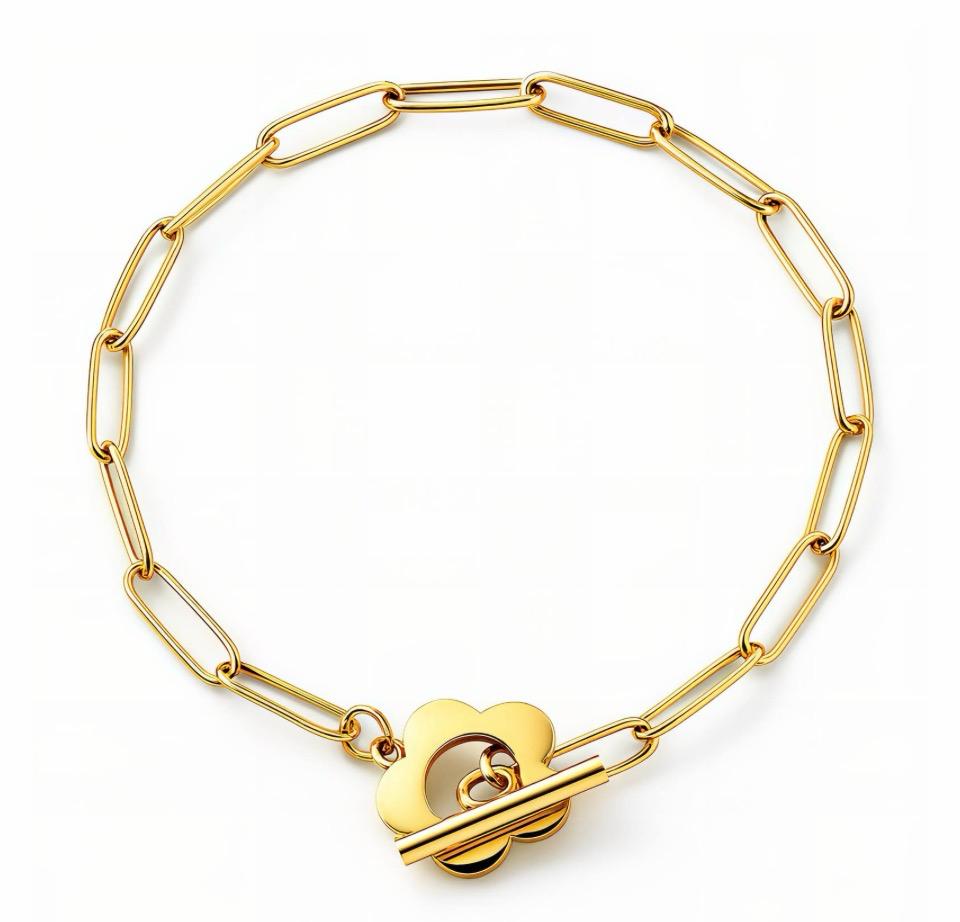Pulsera Cadena Paperclip con Cierre Flor – Oro Laminado