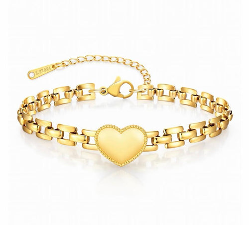 Pulsera dorada con corazón y cadena tipo reloj