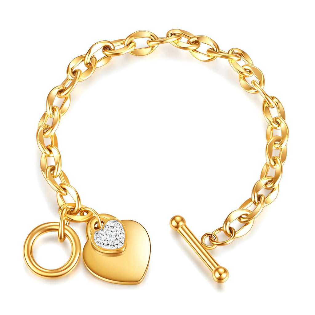 Pulsera dorada con doble corazón y cierre de barra y aro sobre fondo blanco
