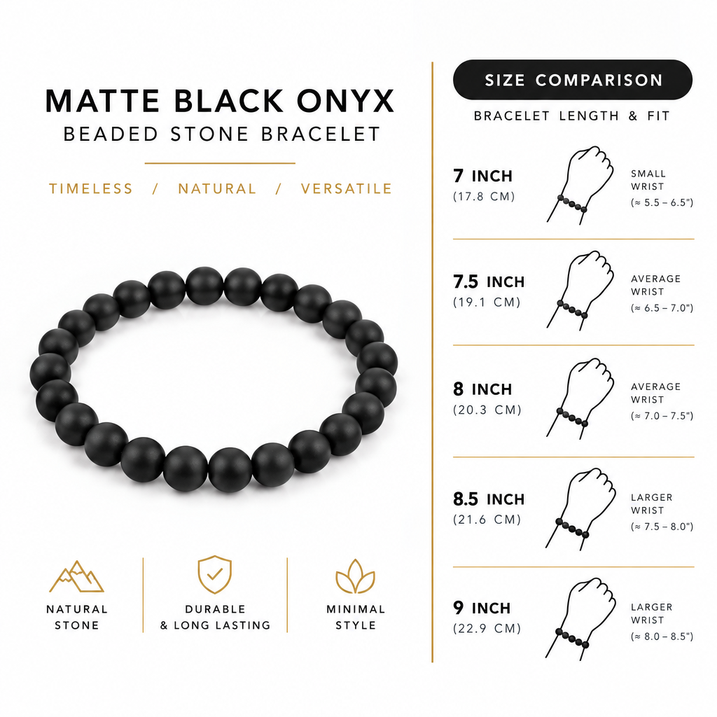 Tabla comparativa de tallas 7 a 9 pulgadas de la pulsera de ónix negro mate