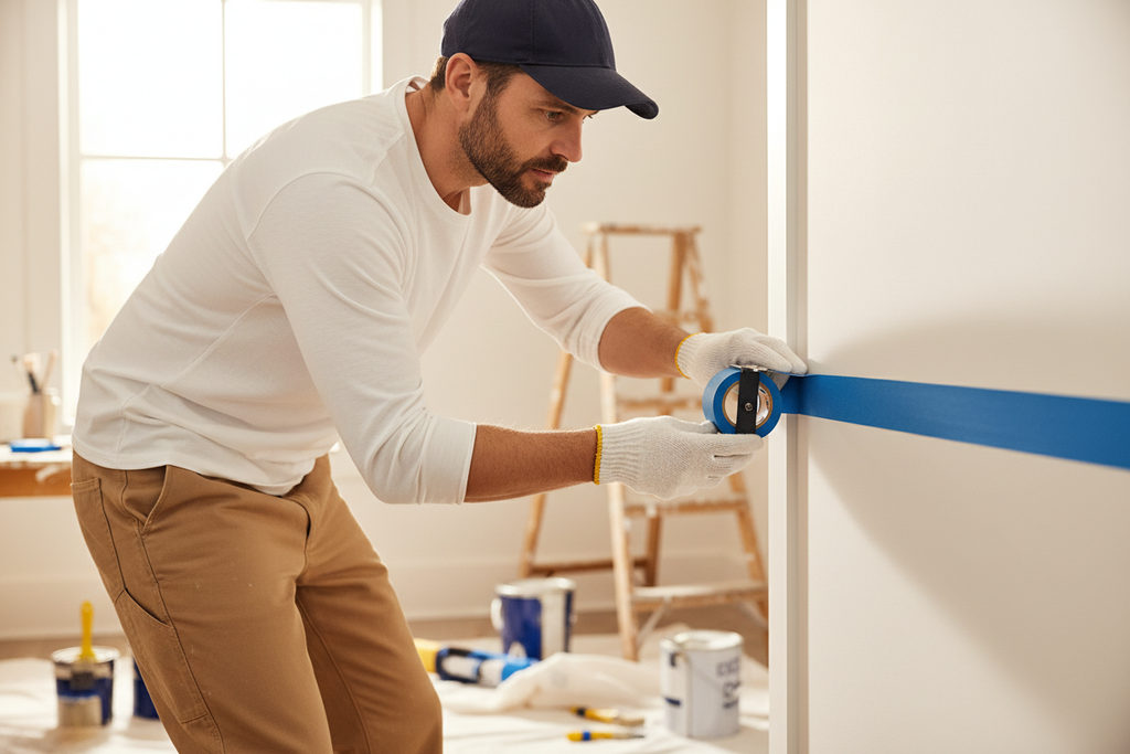 Pintor con gorra aplicando blue tape
